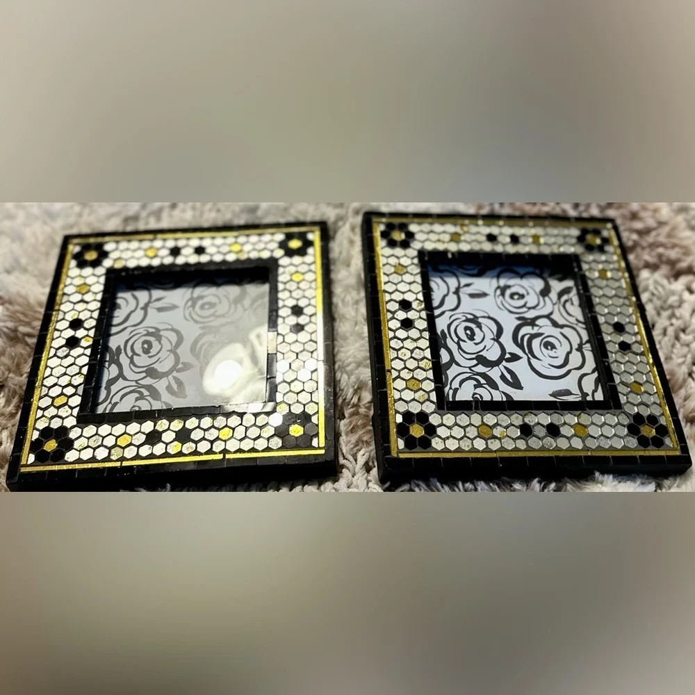 Anthropologie Mosaic Tile 4x4 Picture Frames — Set of 2, Black/White/Gold, NWT